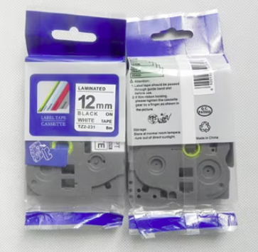 Muadil Etiket TZE-S231 (12mm x 8m) Beyaz Etiket Siyah Yazı - 1